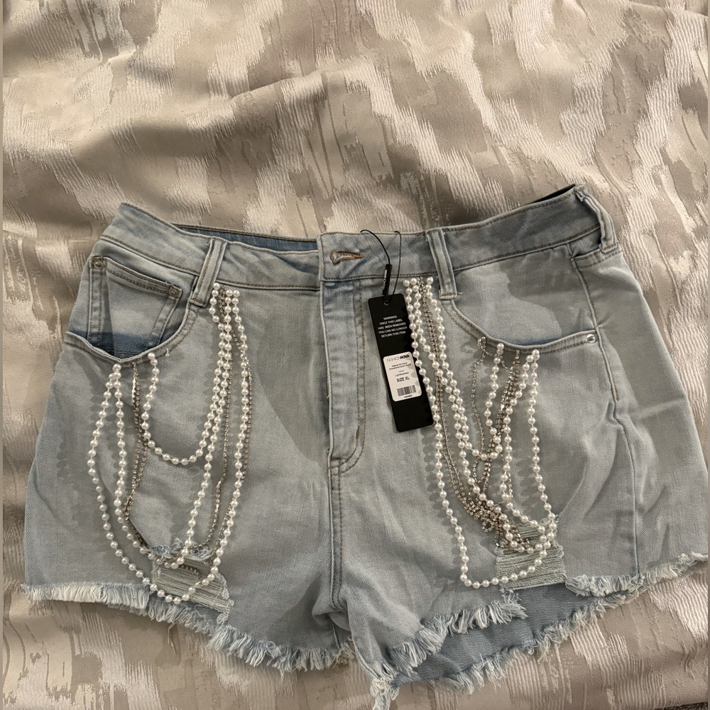 Brand New Fashion Nova light wash pearl and diamond shorts